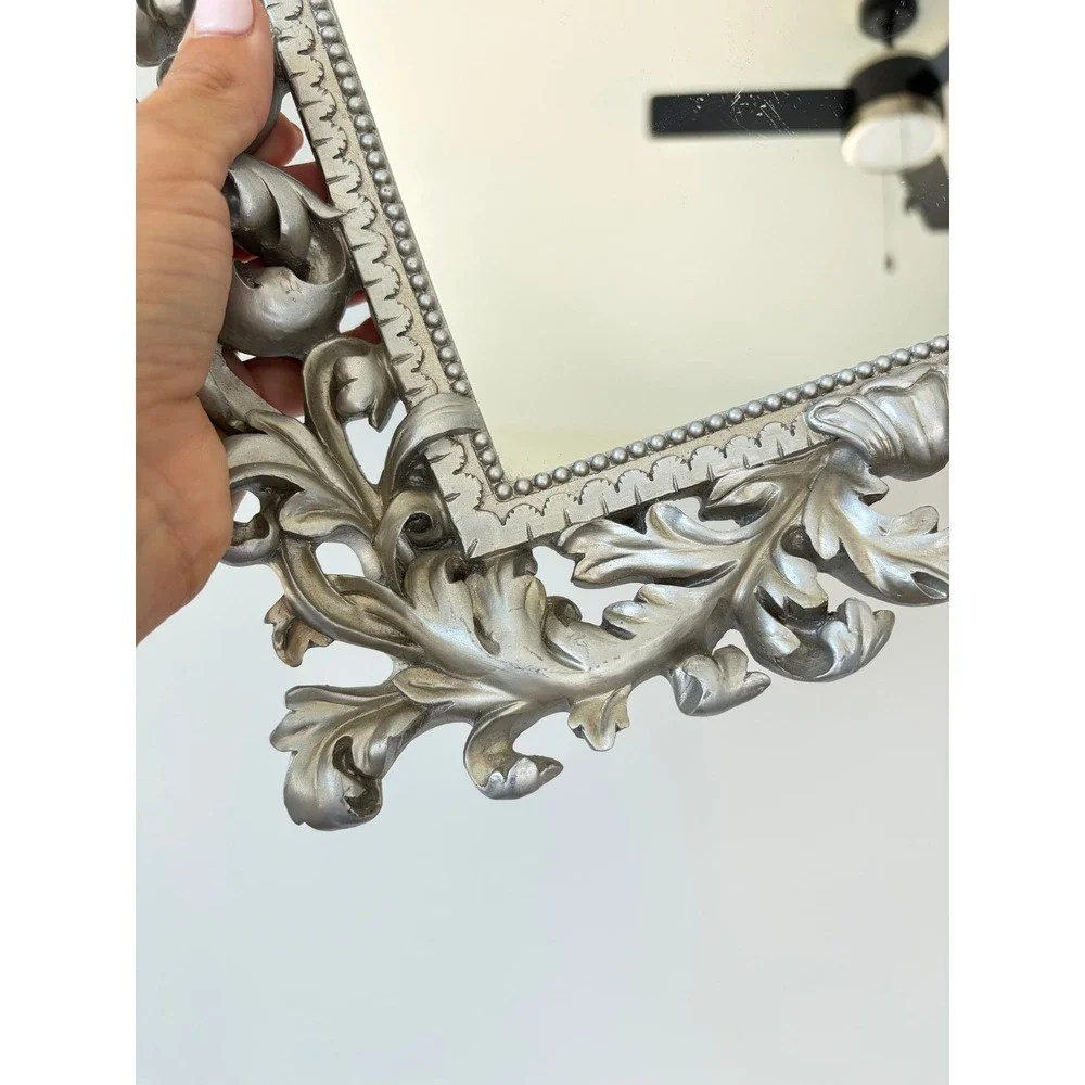Ornate Silver Rococo Wall Mirror Square Baroque Scroll Frame Vintage Style 12x12